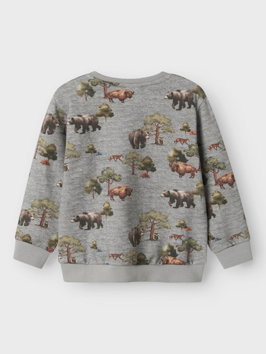 Rückseite eines grauen Kinder Sweatshirts aus Bio-Baumwolle mit Waldtiere-Print, Bärechind Winterthur Zürich Schweiz