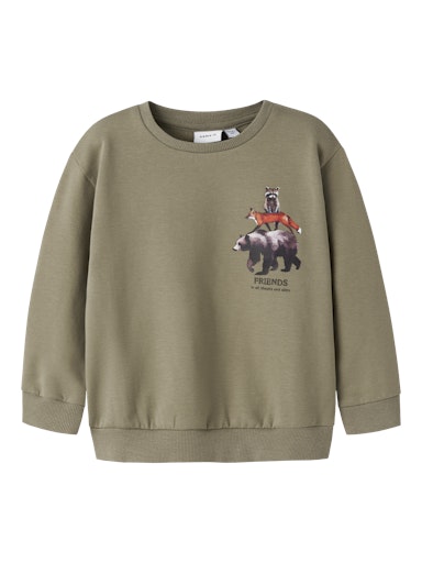 Kinder Sweatshirt in Olivgrün aus Bio-Baumwolle mit Bison-Print, Bärechind Winterthur Zürich Schweiz