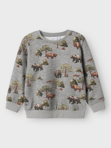 Kinder Sweatshirt grau meliert aus Bio-Baumwolle mit Waldtiere-Print (Bison, Bären, Füchse, Zelte), Bärechind Winterthur Zürich Schweiz