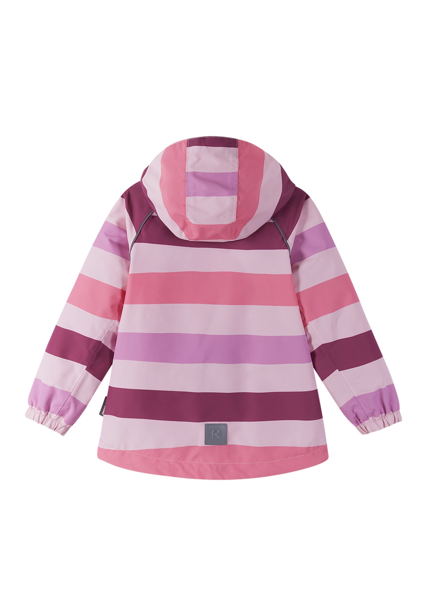 Rückansicht der Reima Kallavesi Regenjacke in Pink für Kinder. Winddicht, wasserdicht und mit reflektierenden Details für bessere Sichtbarkeit. Jetzt im Bärchind Shop in Winterthur oder online für die ganze Schweiz erhältlich.