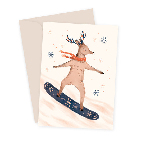 Faltkarte Hirsch Snowboard, Illustration von Sarah von Rickenbach, inkl. Recycling-Couvert