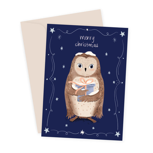 Faltkarte Eule Merry Christmas, Illustration von Sarah von Rickenbach, inkl. Recycling-Couvert