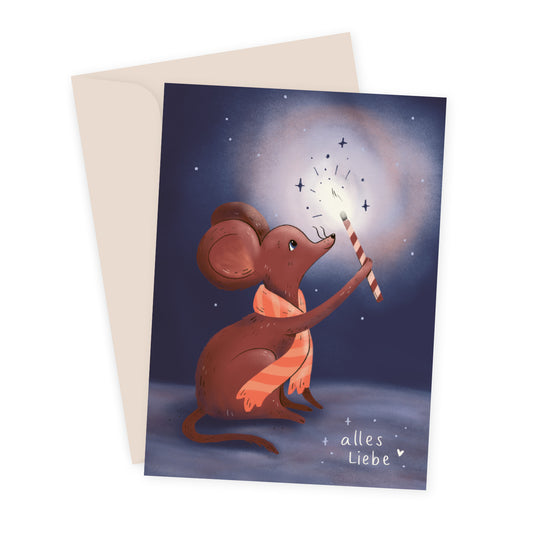 Faltkarte Maus mit Licht, Illustration von Sarah von Rickenbach, inkl. Recycling-Couvert