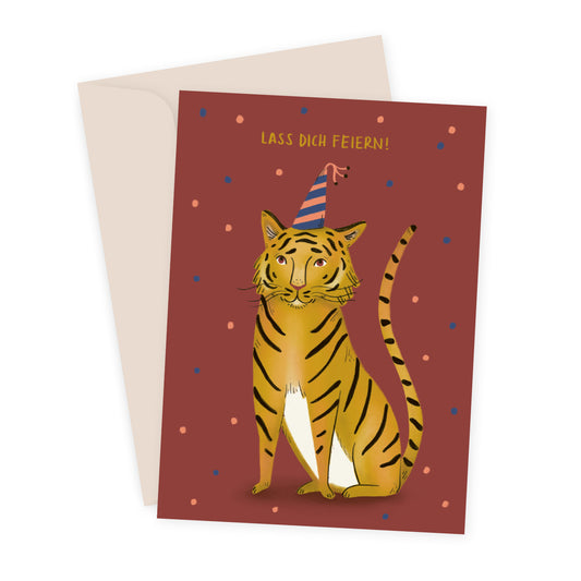 Party Tiger Karte mit Tiger in Partyhut, Illustration von Sarah von Rickenbach, inkl. Recycling-Couvert