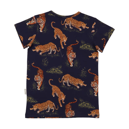 Kurzarm T-Shirt mit Tiiger und Leoparden, blau