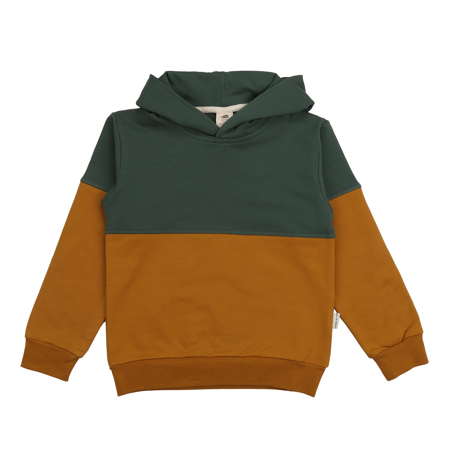 Kinder Hoodie aus Bio-Baumwolle in Grün und Senfgelb – erhältlich bei Bärechind in Winterthur, Zürich, Schweiz.