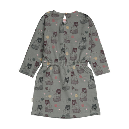 Rückseite des Walkiddy Kleids mit Katzenmotiv in Grau – zu kaufen bei Bärechind in Winterthur, Zürich, Schweiz.