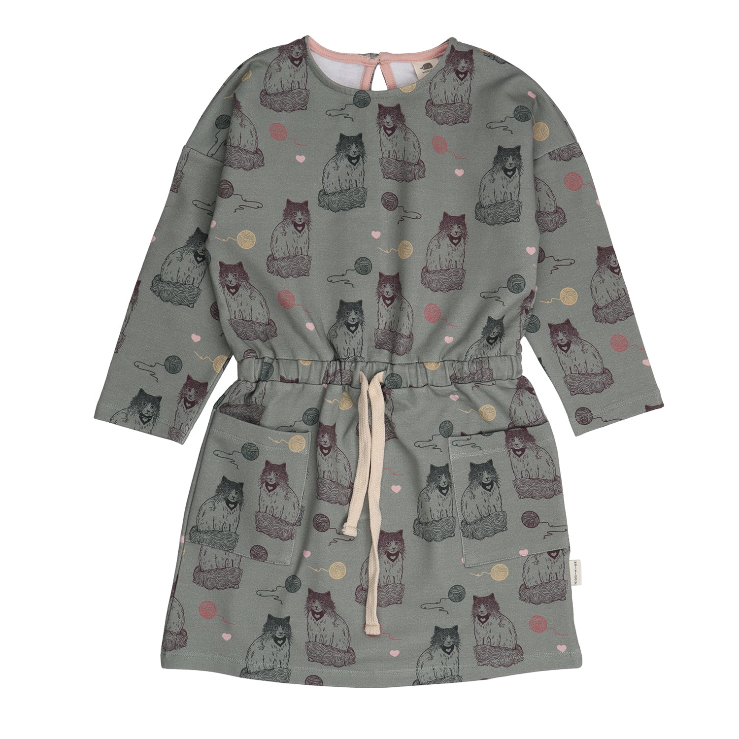 Langarm Kleid aus Bio-Baumwolle mit grauem Katzenprint – erhältlich bei Bärechind in Winterthur, Zürich, Schweiz.

