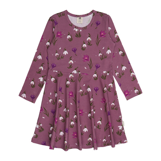 Violettfarbenes Kinderkleid mit Schneeglöckchen aus Bio-Baumwolle – erhältlich bei Bärechind in Winterthur, Zürich, Schweiz.
