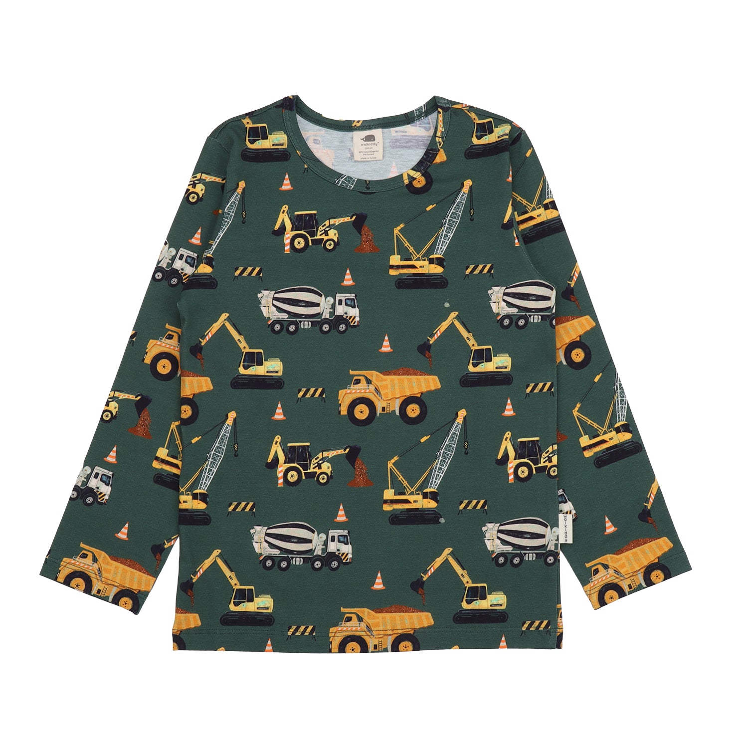 Grünes Langarmshirt mit Baustellenprint aus Bio-Baumwolle – erhältlich bei Bärechind in Winterthur, Zürich, Schweiz.