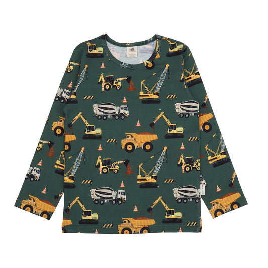 Grünes Langarmshirt mit Baustellenprint aus Bio-Baumwolle – erhältlich bei Bärechind in Winterthur, Zürich, Schweiz.
