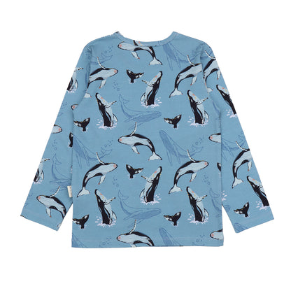 Rückansicht vom Walkiddy Shirt mit Wal-Print aus Bio-Baumwolle – zu kaufen bei Bärechind in Winterthur, Zürich, Schweiz.