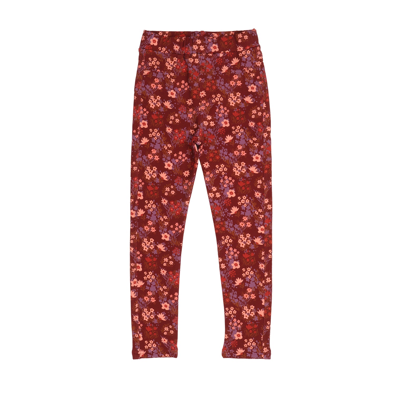 Rote Walkiddy Leggings mit Blumenmuster aus Sweatstoff, flachliegend fotografiert – erhältlich bei Bärechind in Winterthur, Zürich, Schweiz.