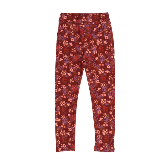 Rote Walkiddy Leggings mit Blumenmuster aus Sweatstoff, flachliegend fotografiert – erhältlich bei Bärechind in Winterthur, Zürich, Schweiz.
