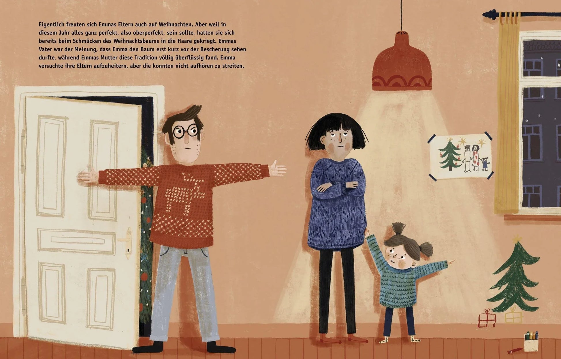 Illustrierte Innenseite aus dem Bilderbuch Die gestohlene Weihnachtsgans mit Familie an der Wohnungstür, erhältlich bei Bärechind