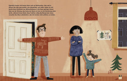 Illustrierte Innenseite aus dem Bilderbuch Die gestohlene Weihnachtsgans mit Familie an der Wohnungstür, erhältlich bei Bärechind
