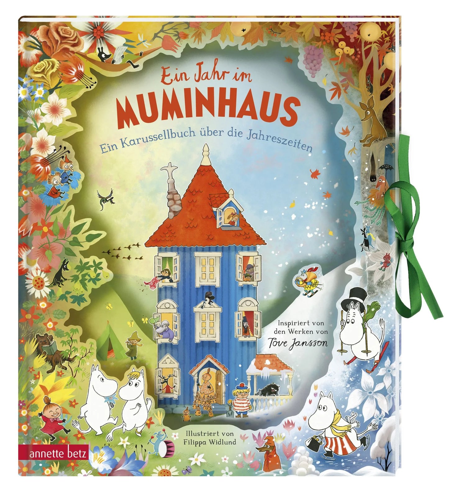 Pop-up Karussellbuch Ein Jahr im Muminhaus mit bunter Umschlaggestaltung und Muminfiguren