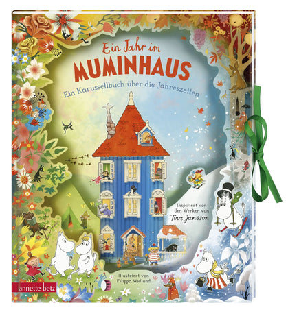 Pop-up Karussellbuch Ein Jahr im Muminhaus mit bunter Umschlaggestaltung und Muminfiguren