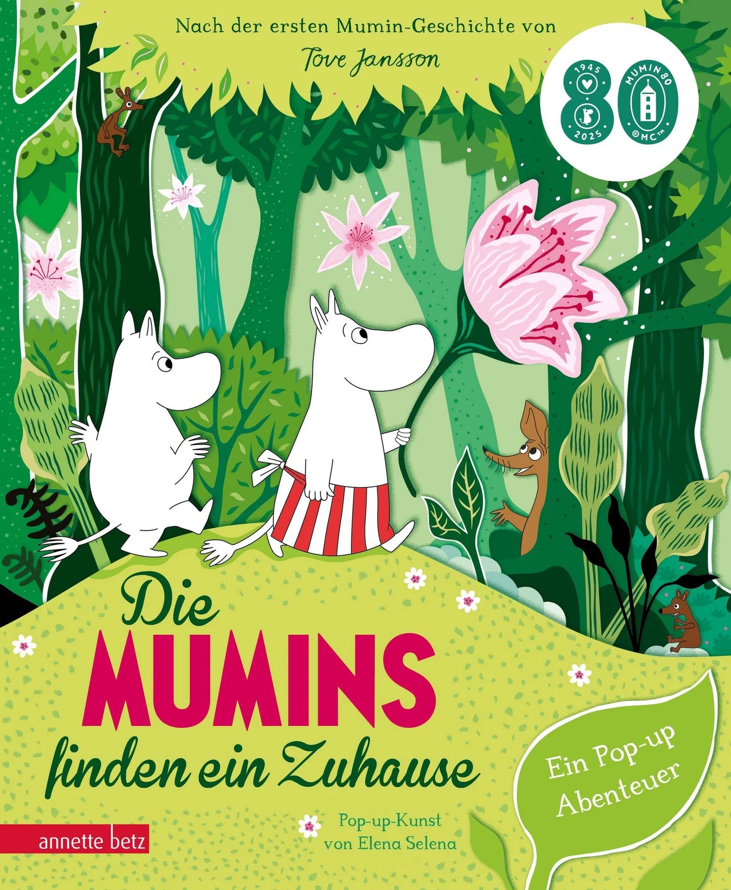 Cover des Pop-up-Bilderbuchs Die Mumins finden ein Zuhause mit der Mumin-Familie im blühenden Wald