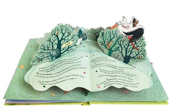 Aufgeklapptes Pop-up-Buch Die Mumins finden ein Zuhause von Annette Betz, erhältlich bei Bärechind