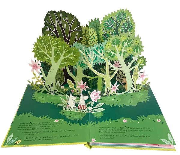 Kunstvolle 3D-Waldlandschaft mit rosa Blüten aus dem aufklappbaren Pop-up-Buch