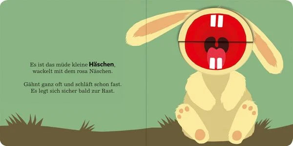 Illustration des gähnenden Hasen mit aufgeklappter Klappe aus Alle müssen Gähnen