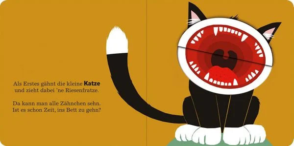 Weitere Innenillustration mit gähnender Katze aus dem Einschlafbuch Alle müssen Gähnen
