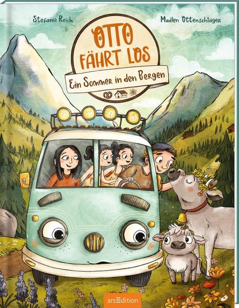 Cover des Bilderbuchs Otto Fährt los, Ein Sommer in den Bergen, mit dem Zauberbus OTTO und der Urlaubsfamilie