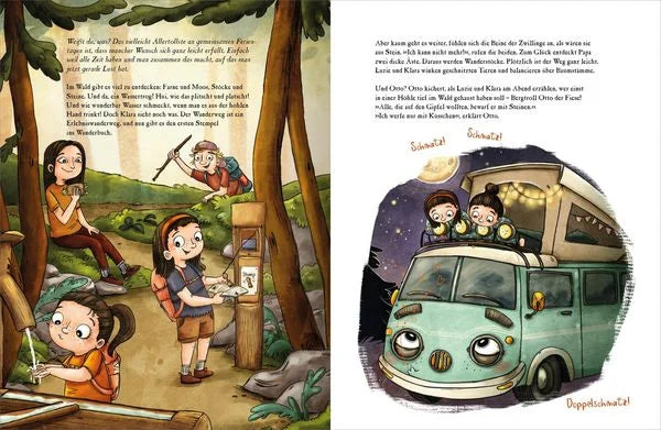 Illustrierte Zeltlagerszene mit dem Campingbus OTTO aus dem Bilderbuch Otto Fährt los