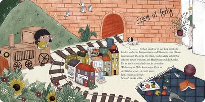 Bunte Innenillustration aus dem Bilderbuch Der Wunderkarton mit Häusern und Strasse
