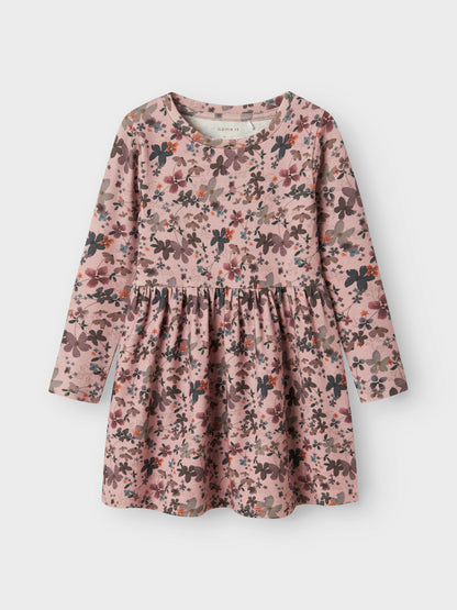 Altrosa Baumwolle-Lyocell Kleid mit Blumenmuster für Mädchen, Vorderansicht – Bärechind, Winterthur, Zürich Schweiz.