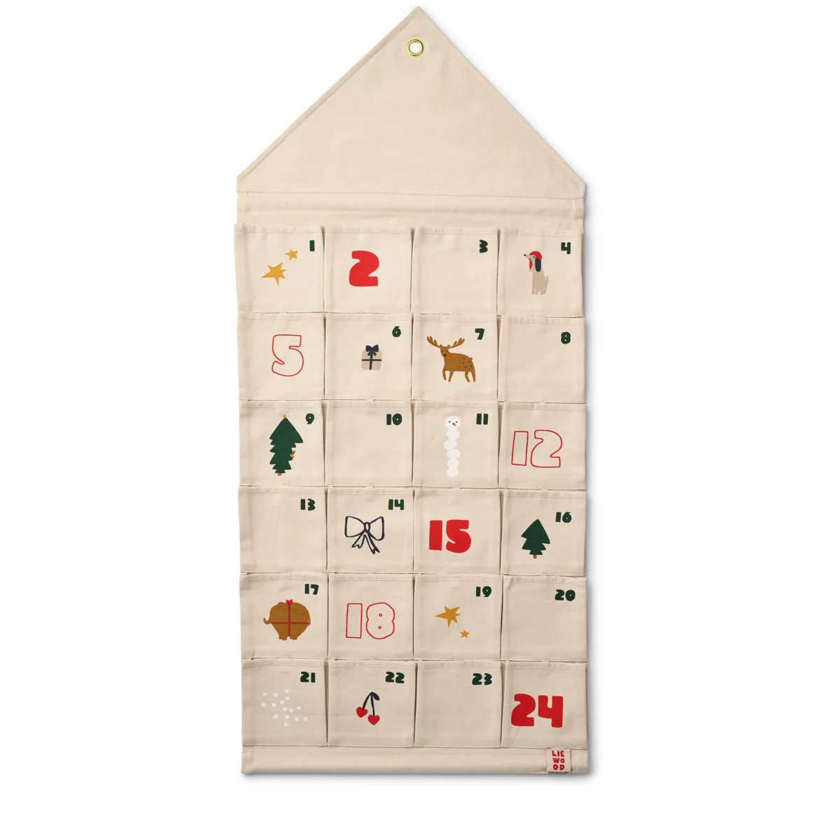 Liewood Babbo Adventskalender Sandy aus Bio-Baumwolle, frontal mit 24 Taschen