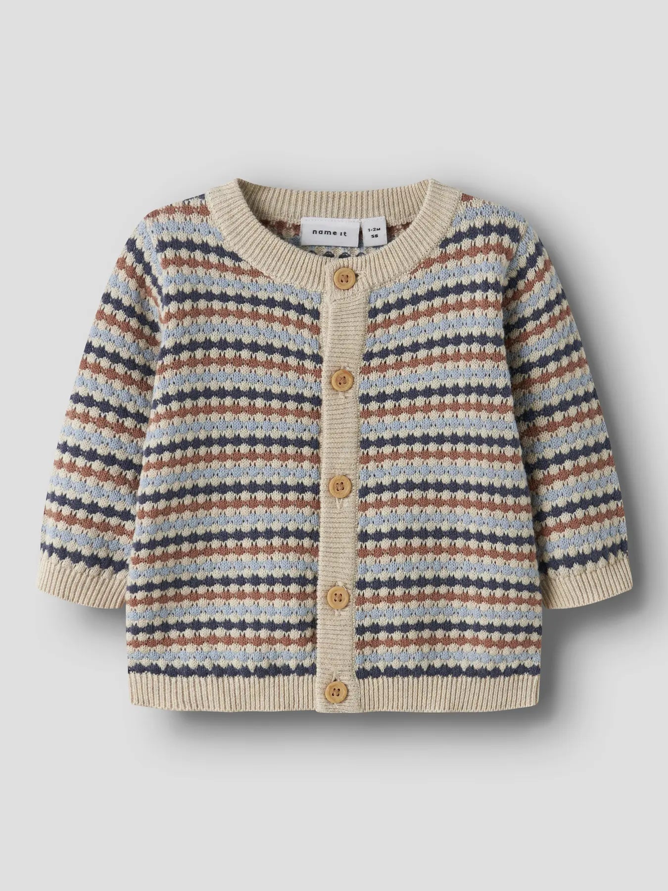 Gestreifte Baby Strickjacke aus Baumwolle mit Knöpfen, erhältlich bei Bärechind Winterthur Zürich Schweiz.