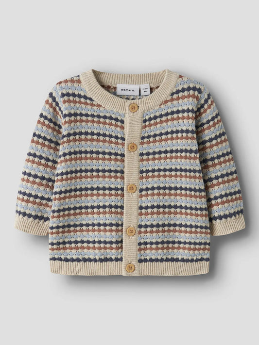 Gestreifte Baby Strickjacke aus Baumwolle mit Knöpfen, erhältlich bei Bärechind Winterthur Zürich Schweiz.