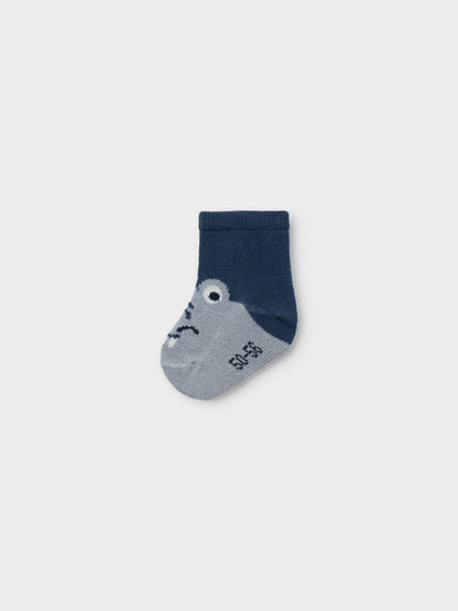Vorderansicht Baby-Socken in Insignia Blue mit Tiermotiv, Bärechind, Winterthur, Zürich Schweiz