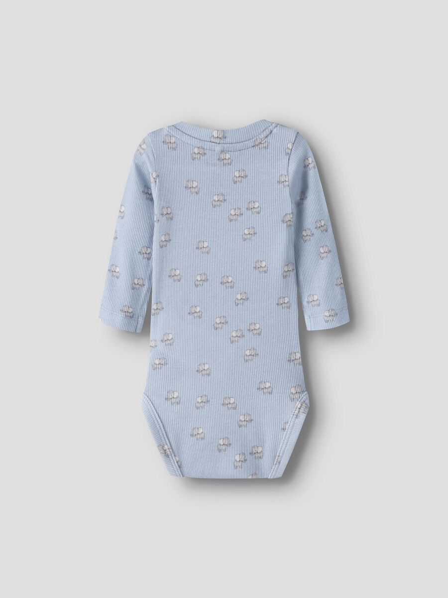 NAME IT Langarm Babybody mit Allover Elefantenprint in Blau flachliegend, im Bärechind Winterthur Zürich Schweiz kaufen