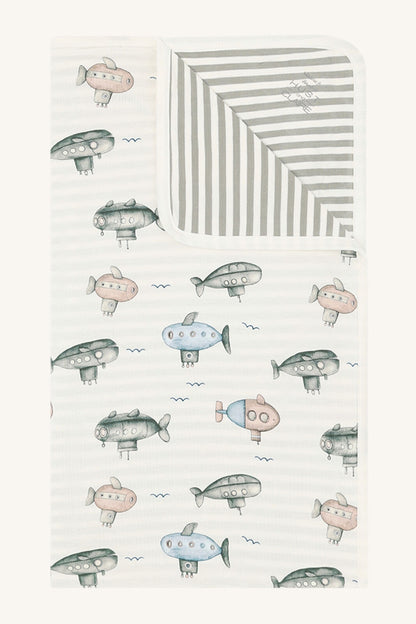 Babydecke aus  Bambus Viskose mit U-Bootmotiv und grauen Streifen im Bärechind Winterthur