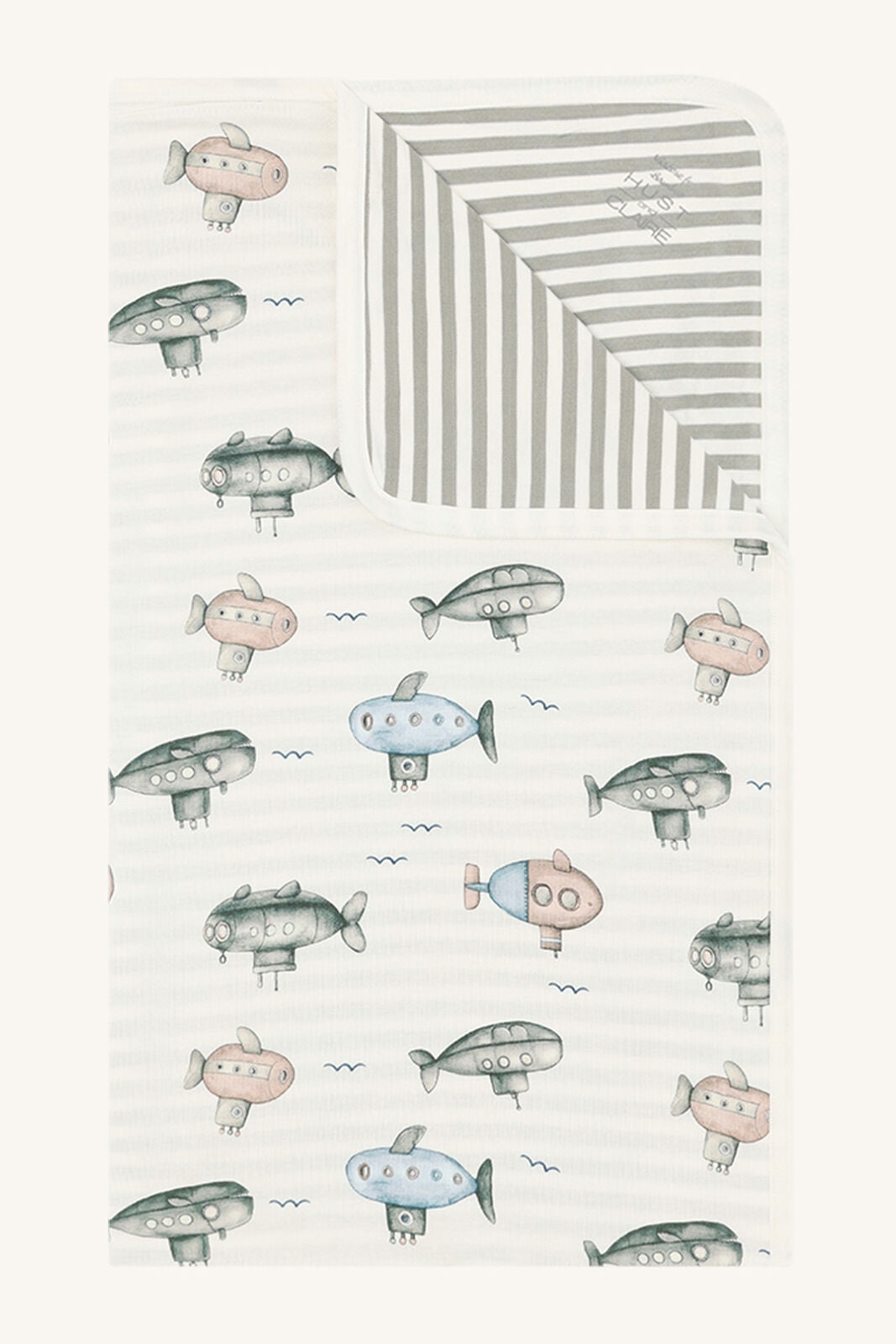 Babydecke aus Bio-Baumwolle mit Fahrzeugmotiv und grauen Streifen im Bärechind Winterthur