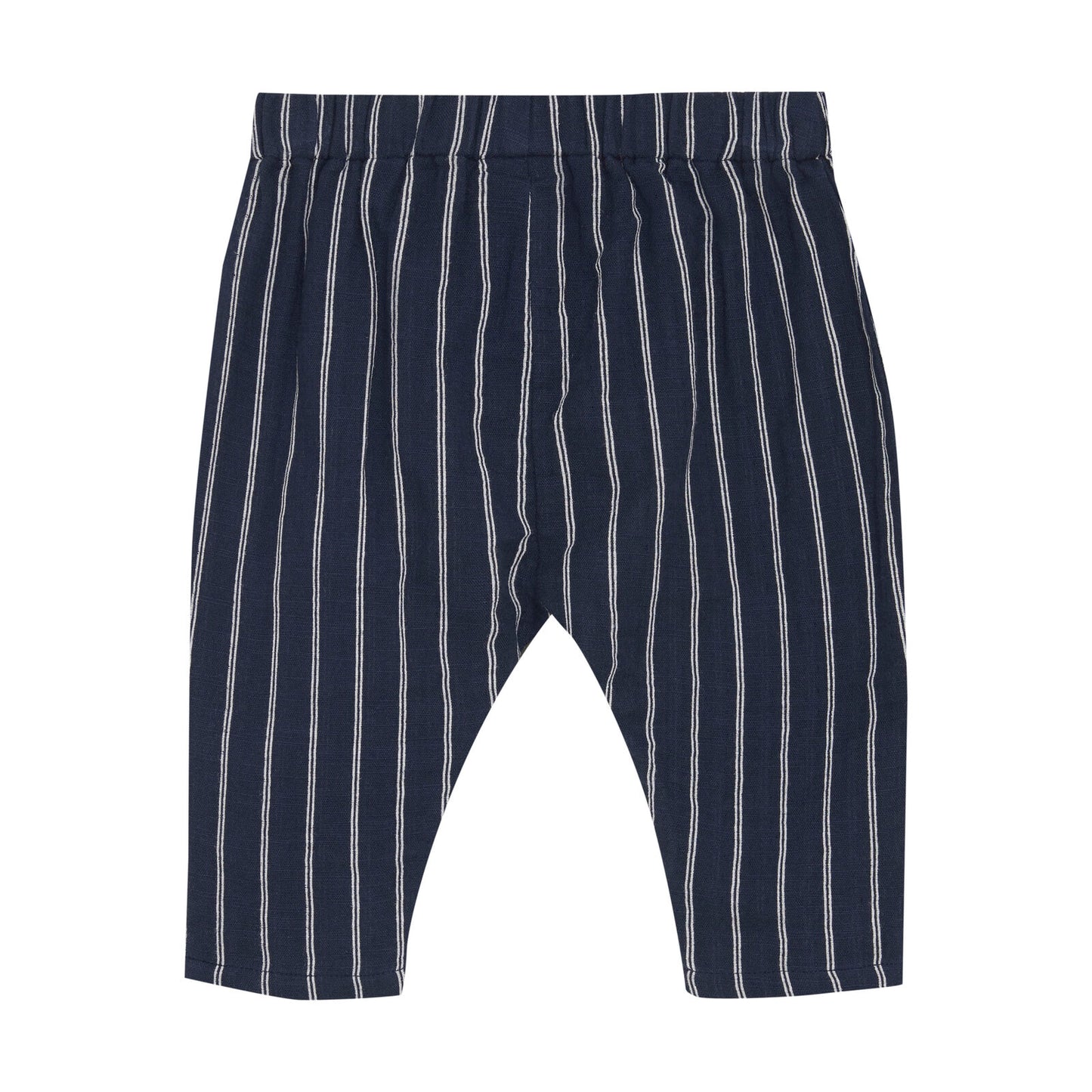Dunkelblaue Babyhose mit Streifenmuster von Minymo, seitliche Ansicht, elastischer Bund für optimalen Tragekomfort