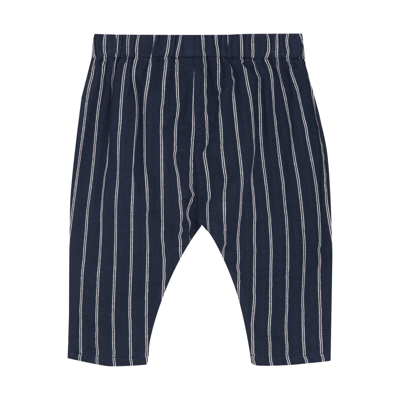Dunkelblaue Babyhose mit Streifenmuster von Minymo, seitliche Ansicht, elastischer Bund für optimalen Tragekomfort