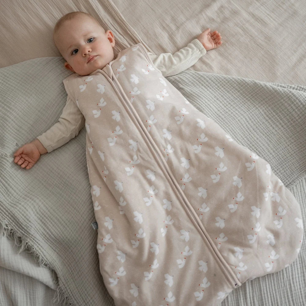 Liegendes Baby im Emma & Noah Babyschlafsack in Beige mit Vogelmuster und grosszügiger Kugelform, erhältlich im Bärechind in Winterthur, Schweiz.