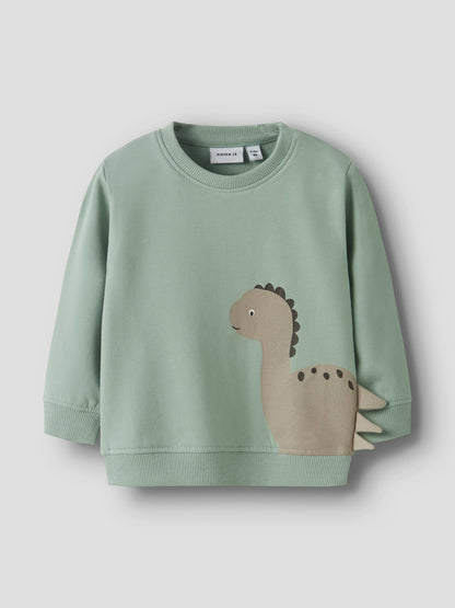 Mintgrünes weich gefüttertes Baumwoll-Sweatshirt mit beigem Dino-Motiv für Kinder, Vorderansicht – Bärechind, Winterthur, Zürich Schweiz.