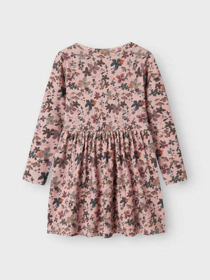 Altrosa Baumwolle-Lyocell Kleid mit Blumenmuster für Mädchen, Rückansicht – Bärechind, Winterthur, Zürich Schweiz.