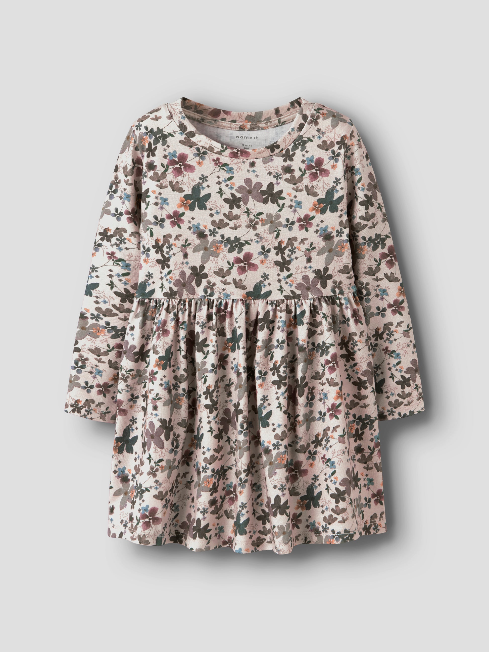 Beiges Baumwolle-Lyocell Kleid mit Blumenmuster für Mädchen, Vorderansicht – Bärechind, Winterthur, Zürich Schweiz.