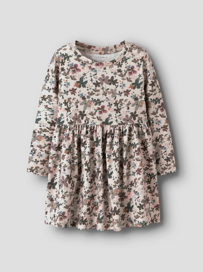 Beiges Baumwolle-Lyocell Kleid mit Blumenmuster für Mädchen, Vorderansicht – Bärechind, Winterthur, Zürich Schweiz.