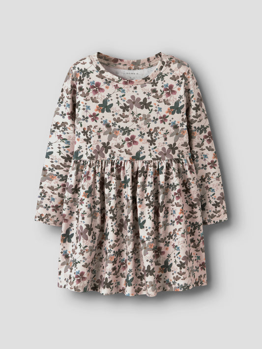 Beiges Baumwolle-Lyocell Kleid mit Blumenmuster für Mädchen, Vorderansicht – Bärechind, Winterthur, Zürich Schweiz.
