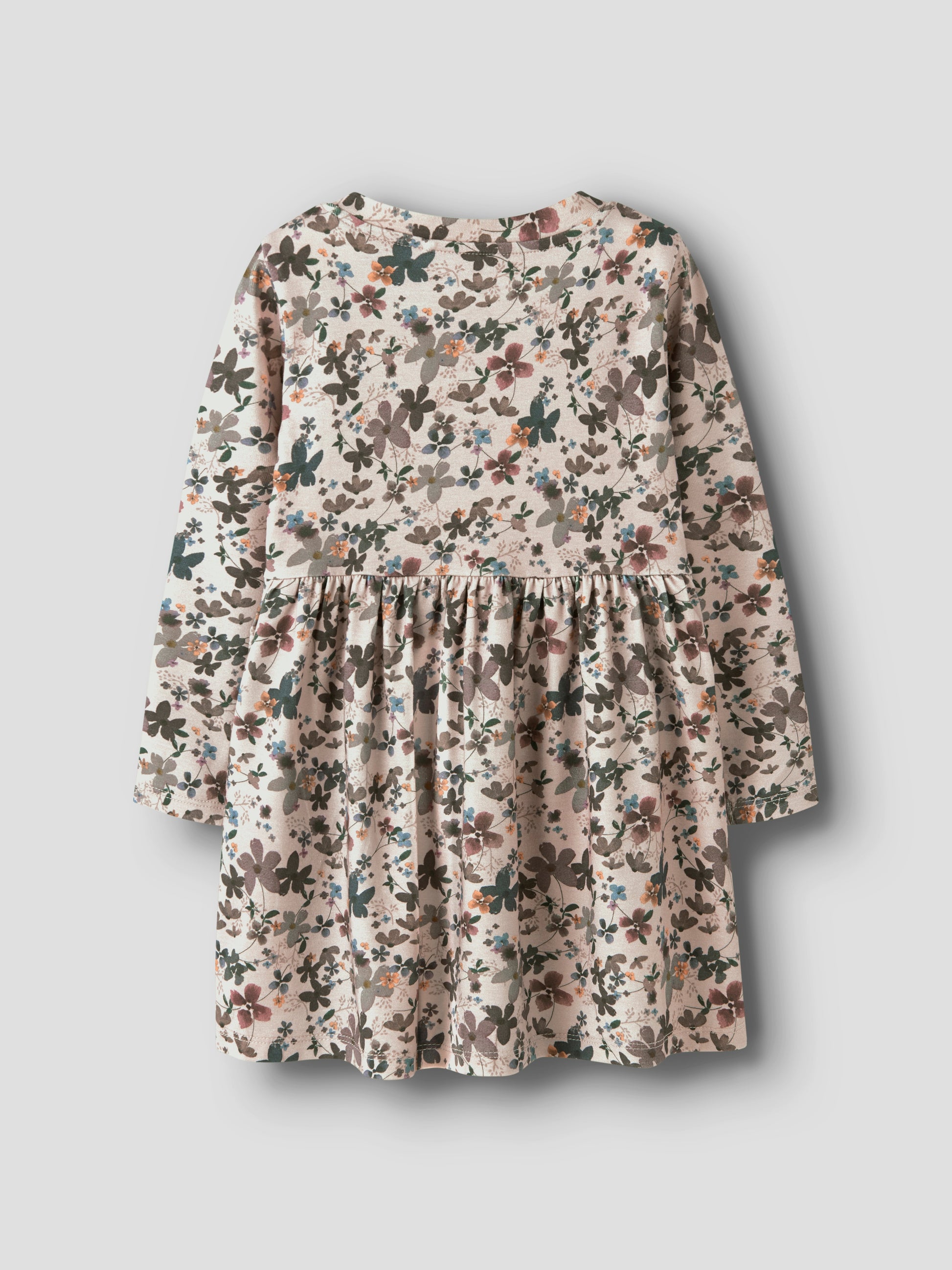Beiges Baumwolle-Lyocell Kleid mit Blumenmuster für Mädchen, Rückansicht – Bärechind, Winterthur, Zürich Schweiz.