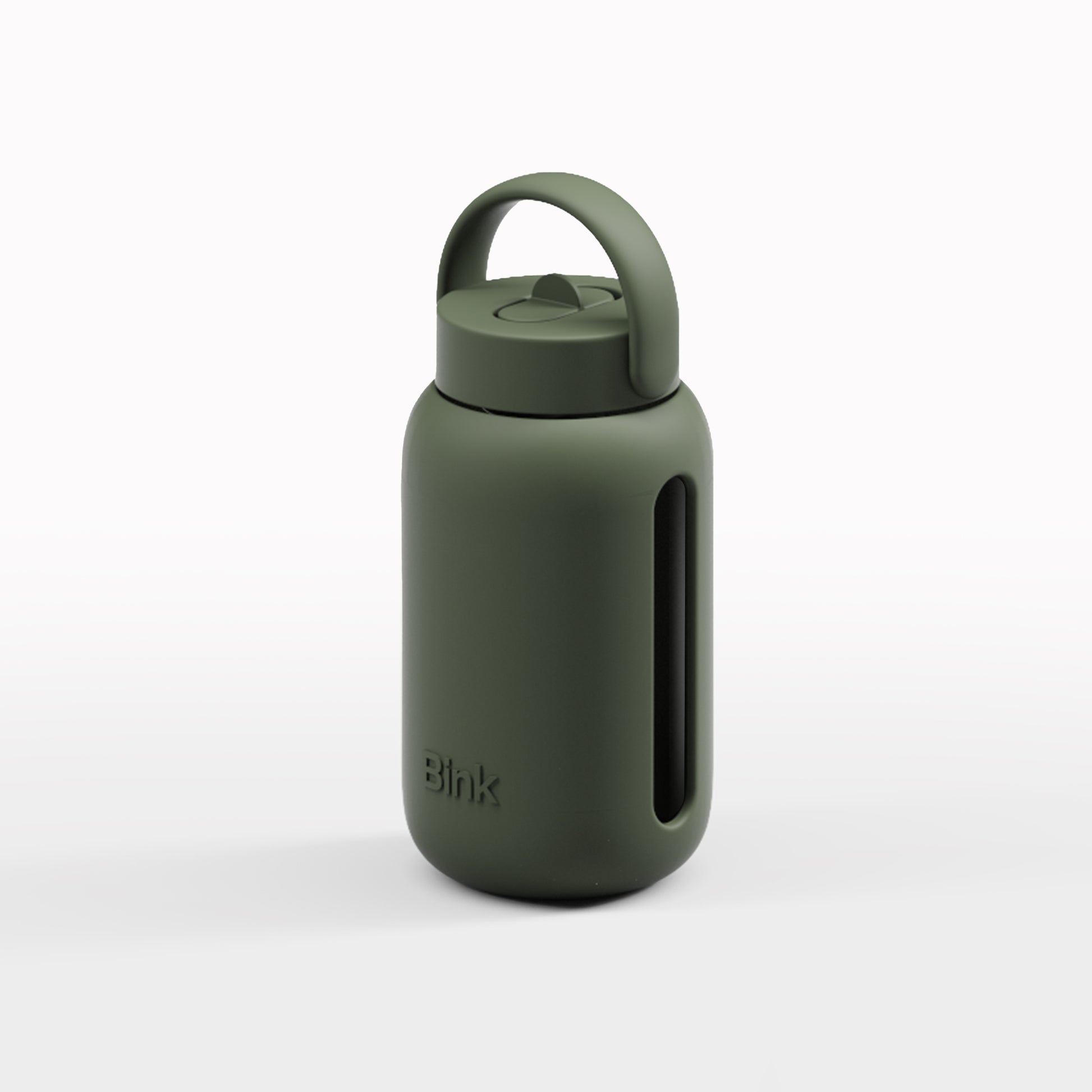 Bink Mini Bottle 500 ml in Moss mit Flip-Verschluss – kompakte Glas-Trinkflasche bei Bärechind in Winterthur, Zürich, Schweiz.