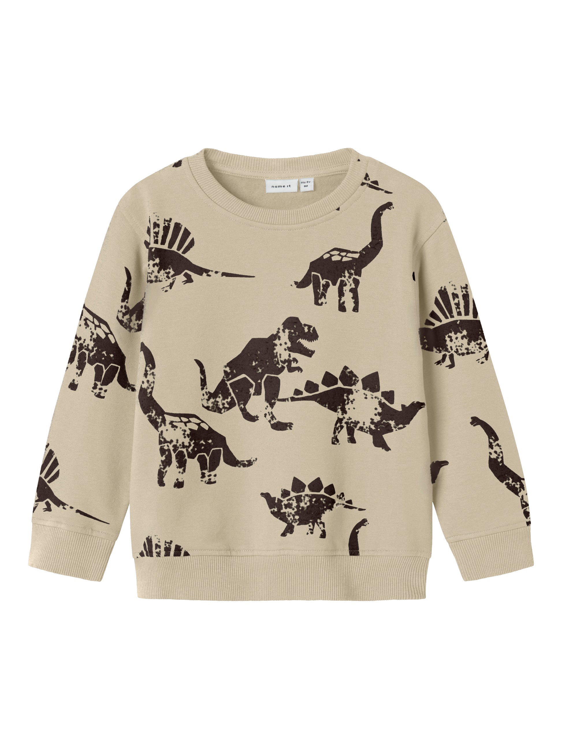 Beiger Bio-Baumwoll Sweater mit braunem Dinosaurier-Print für Kinder – Bärechind, Winterthur, Zürich Schweiz.