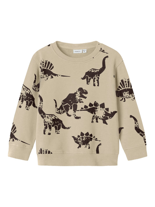 Beiger Bio-Baumwoll Sweater mit braunem Dinosaurier-Print für Kinder – Bärechind, Winterthur, Zürich Schweiz.